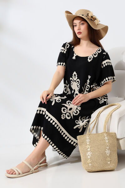 LİKAPASHOP VİSKON KISA KOL ELBİSE 2726 Siyah-Ekru - 4XL