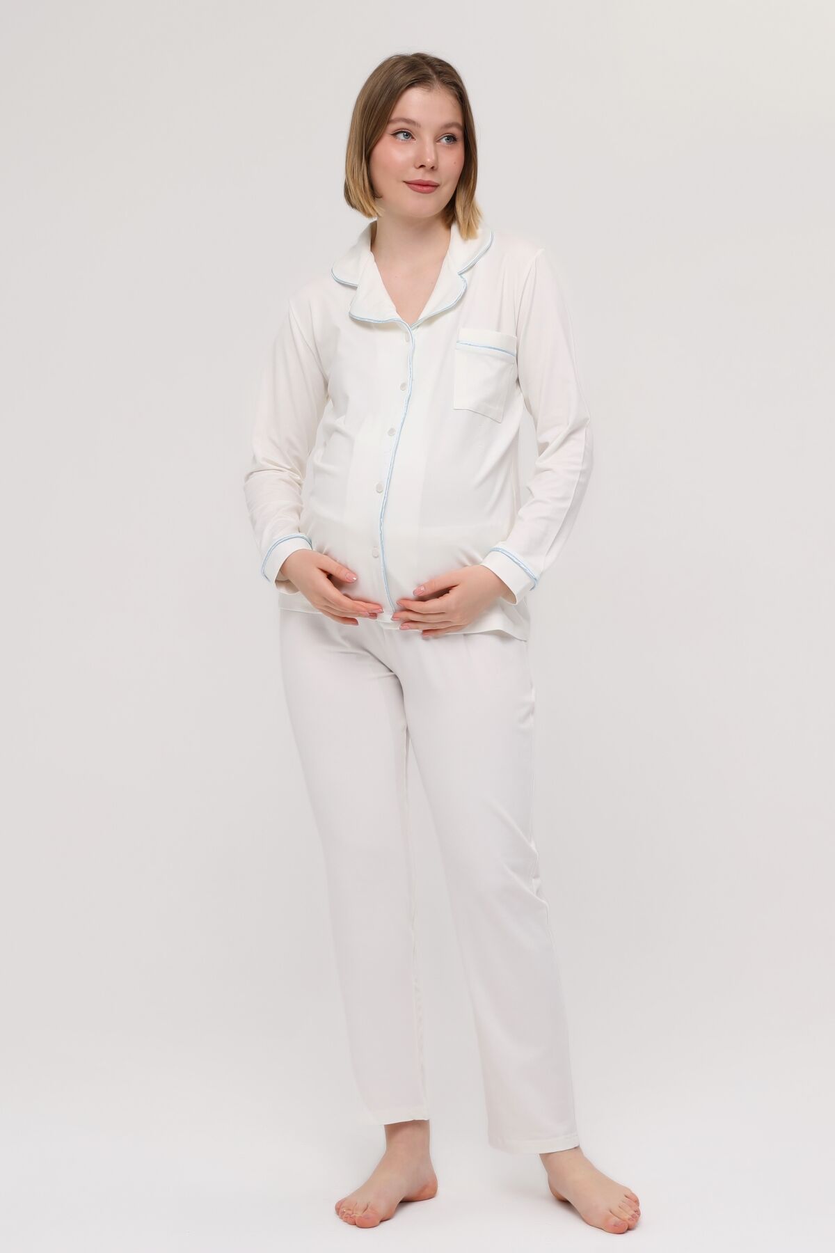 Likapa Önden Düğmeli Hamile Lohusa UZUN KOL PİJAMA TAKIMI EKRU - MAVİ - 2XL