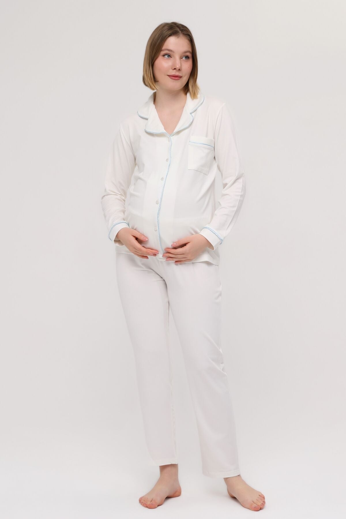 Likapa Önden Düğmeli Hamile Lohusa UZUN KOL PİJAMA TAKIMI EKRU - MAVİ - 2XL