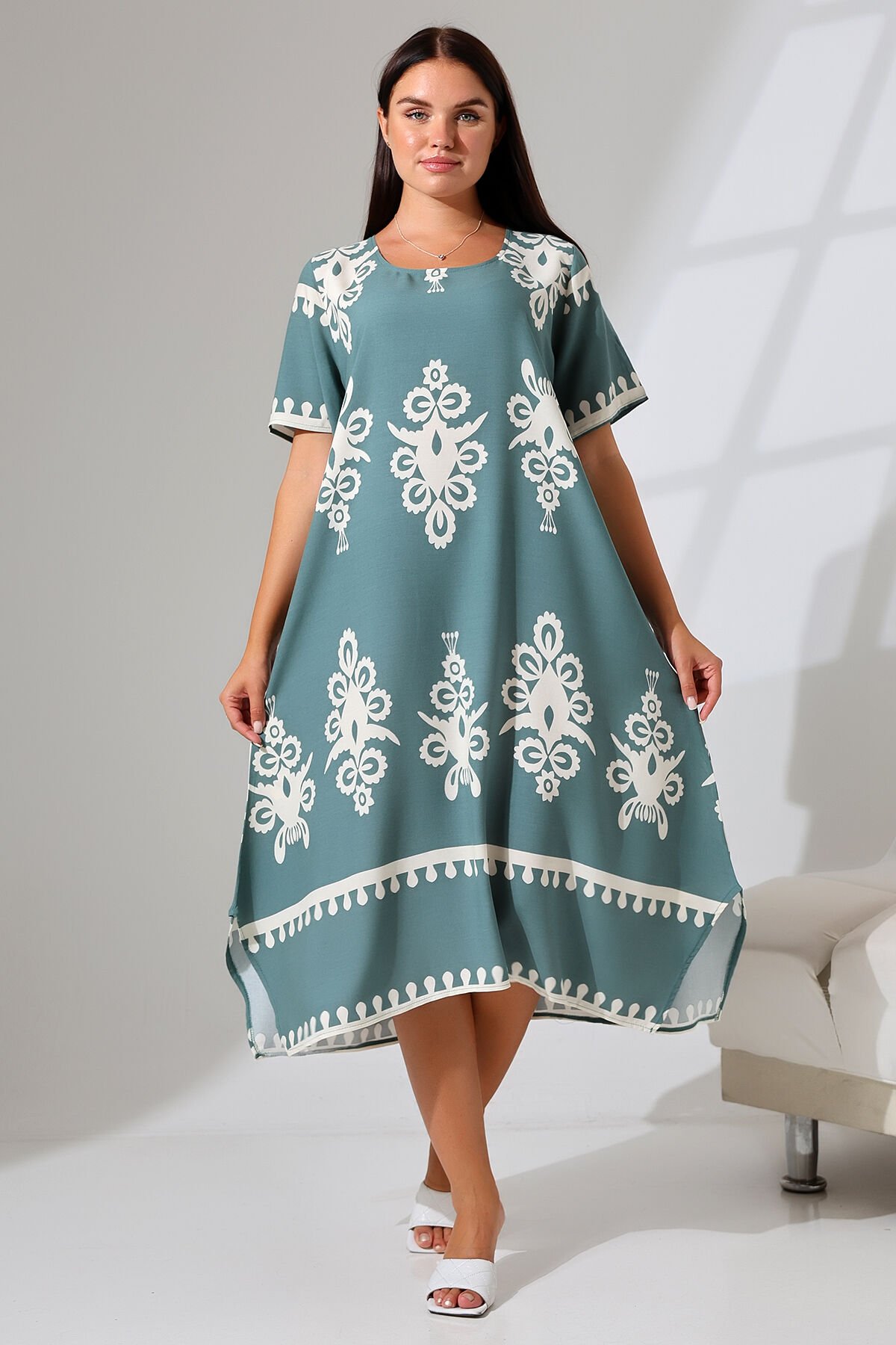 LİKAPASHOP VİSKON KISA KOL ELBİSE 2726 Mint Şal Desen - 4XL