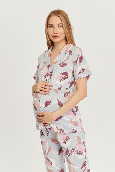 Likapa Penye Önden Düğmeli Hamile Lohusa KISA KOL PİJAMA TAKIMI ,%100 Cotton M - bordo yaprak