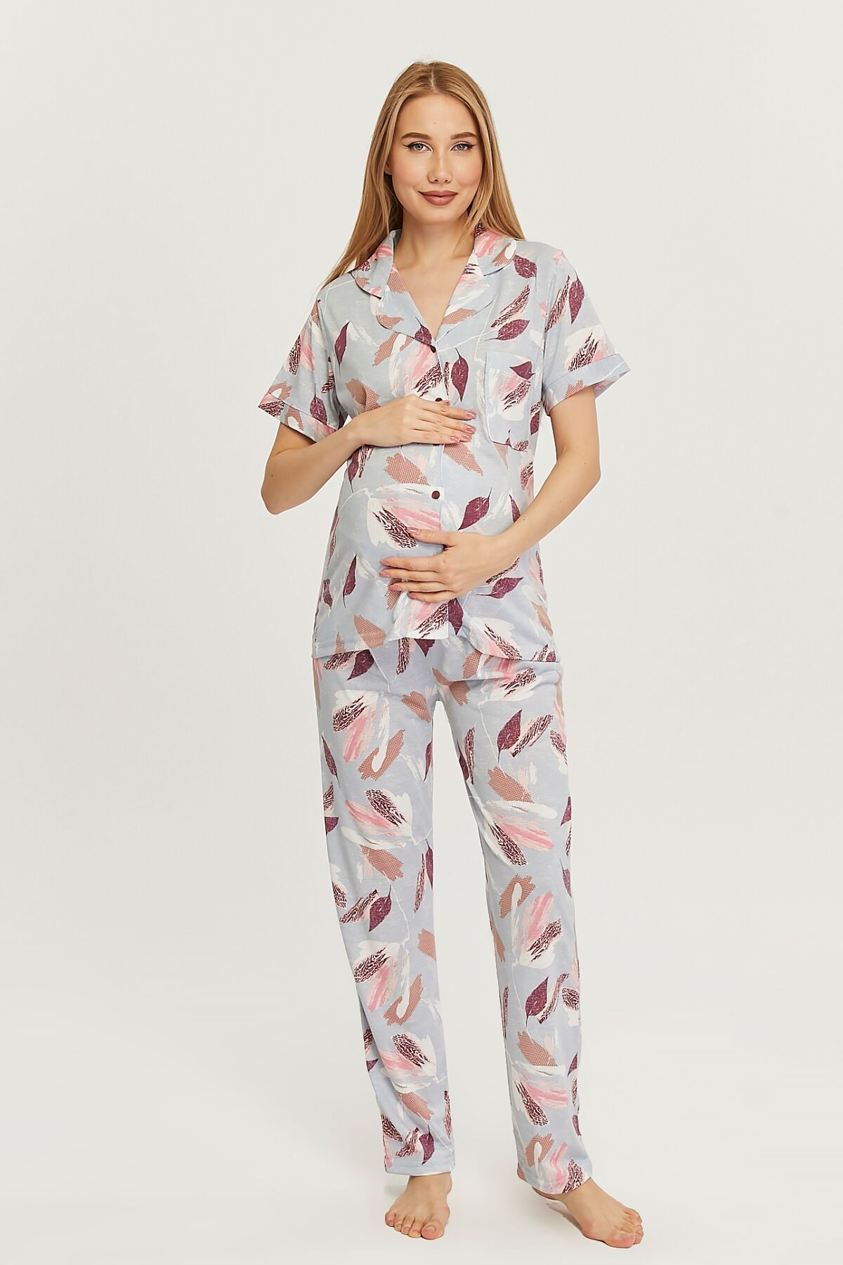 Likapa Penye Önden Düğmeli Hamile Lohusa KISA KOL PİJAMA TAKIMI ,%100 Cotton L - bordo yaprak