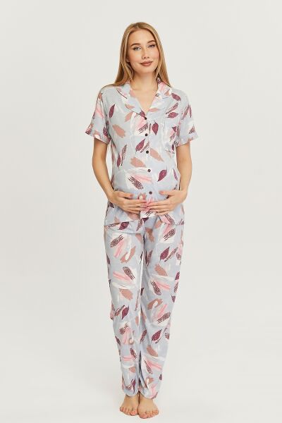Likapa Penye Önden Düğmeli Hamile Lohusa KISA KOL PİJAMA TAKIMI ,%100 Cotton L - bordo yaprak