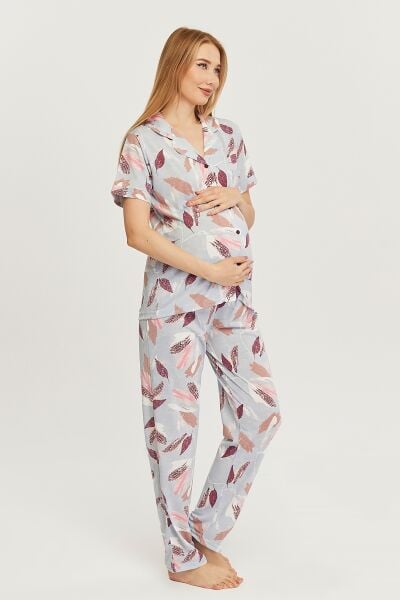 Likapa Penye Önden Düğmeli Hamile Lohusa KISA KOL PİJAMA TAKIMI ,%100 Cotton 2XL - bordo yaprak