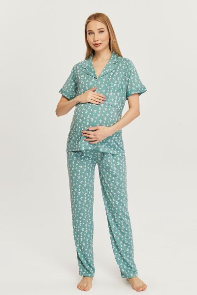 Likapa Penye Önden Düğmeli Hamile Lohusa KISA KOL PİJAMA TAKIMI ,%100 Cotton Mint - Küçük Yıldız - M