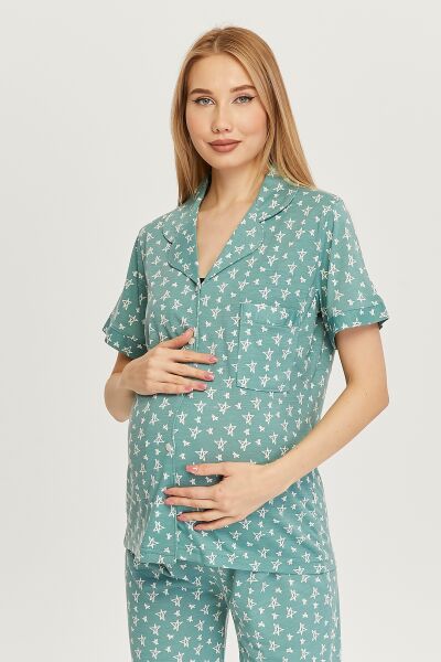 Likapa Penye Önden Düğmeli Hamile Lohusa KISA KOL PİJAMA TAKIMI ,%100 Cotton Mint - Küçük Yıldız - M