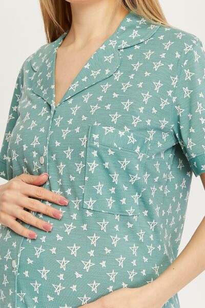 Likapa Penye Önden Düğmeli Hamile Lohusa KISA KOL PİJAMA TAKIMI ,%100 Cotton Mint - Küçük Yıldız - L