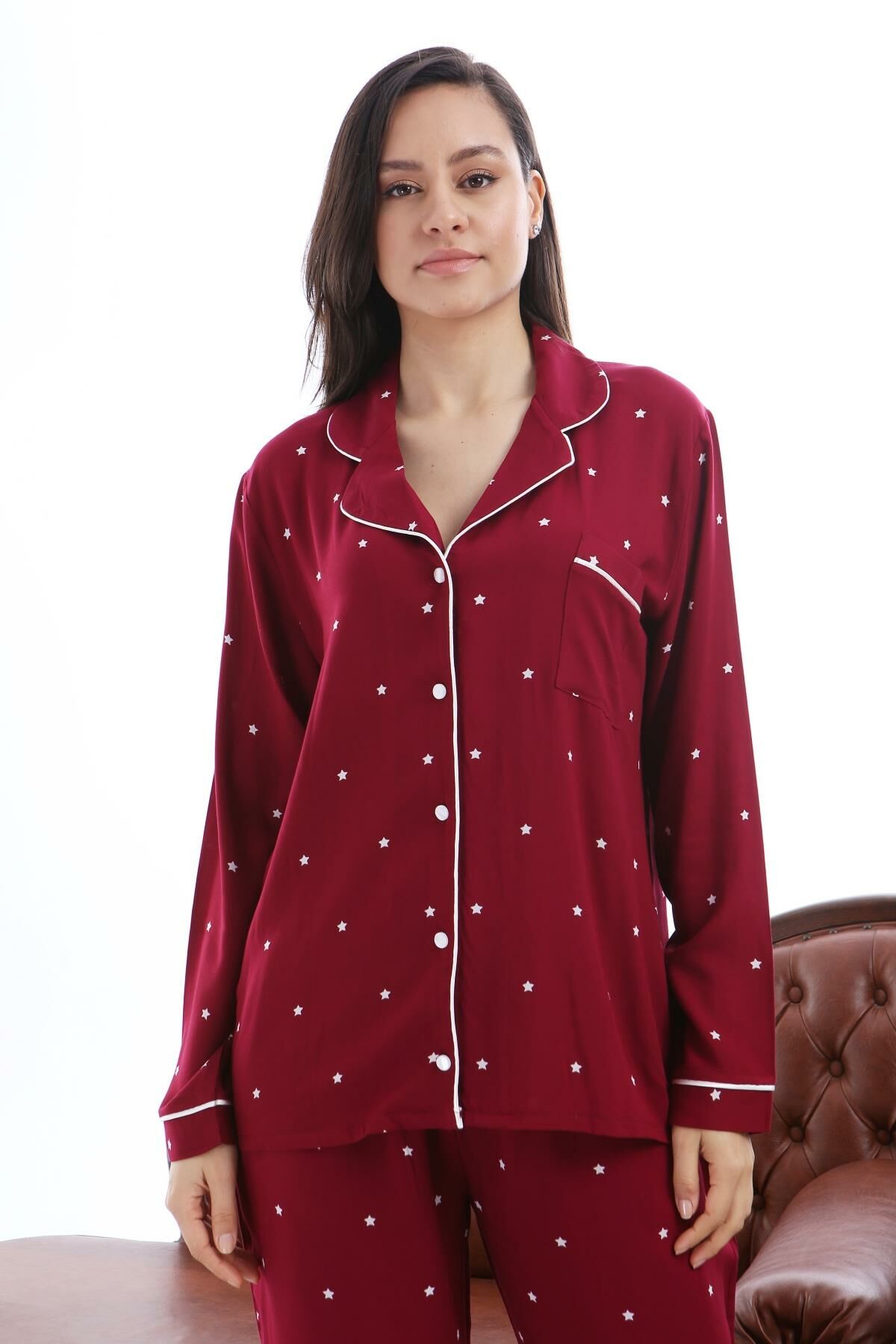 1353-03 Likapa Yıldız Kadın Uzun Kol Pijama Takım Bordo Yıldız - M