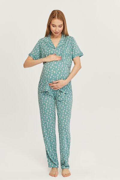 Likapa Penye Önden Düğmeli Hamile Lohusa KISA KOL PİJAMA TAKIMI ,%100 Cotton Mint - Küçük Yıldız - XL