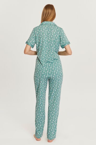 Likapa Penye Önden Düğmeli Hamile Lohusa KISA KOL PİJAMA TAKIMI ,%100 Cotton Mint - Küçük Yıldız - XL