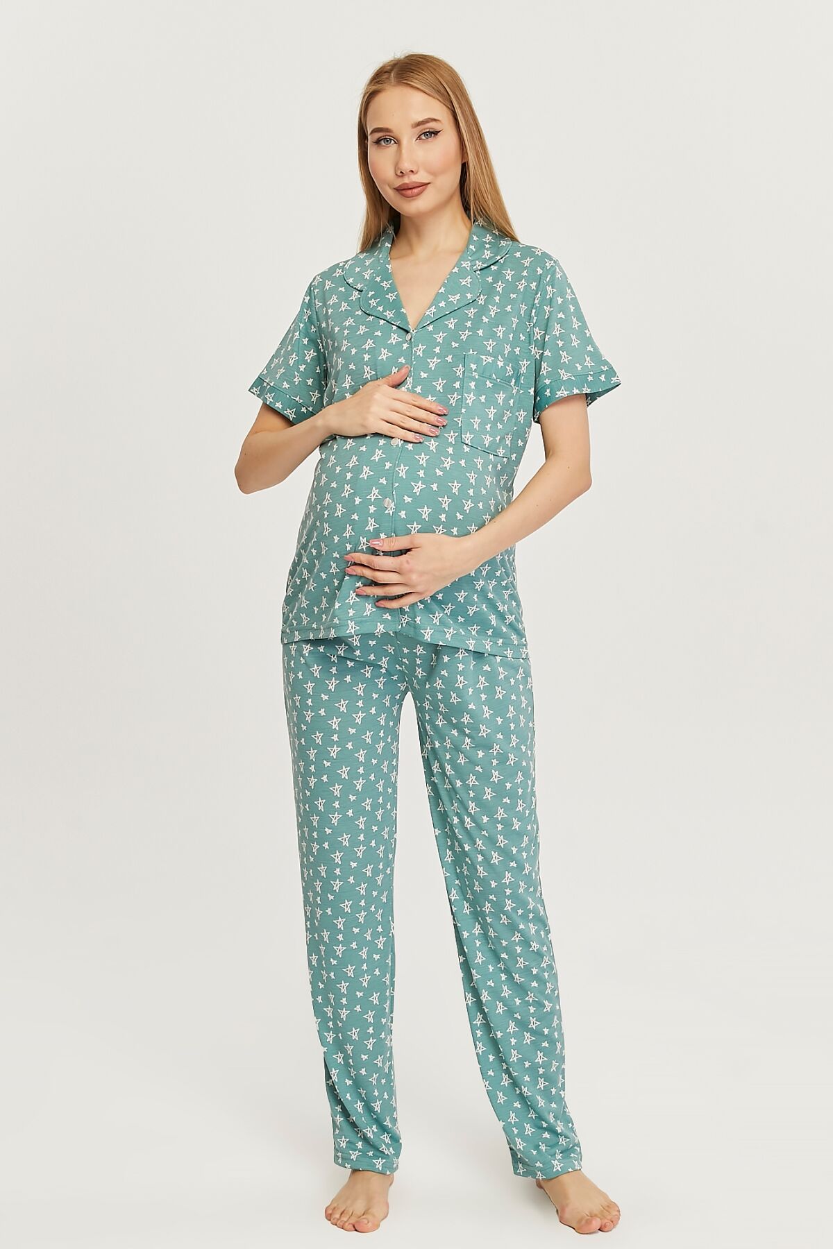 Likapa Penye Önden Düğmeli Hamile Lohusa KISA KOL PİJAMA TAKIMI ,%100 Cotton Mint - Küçük Yıldız - 2XL