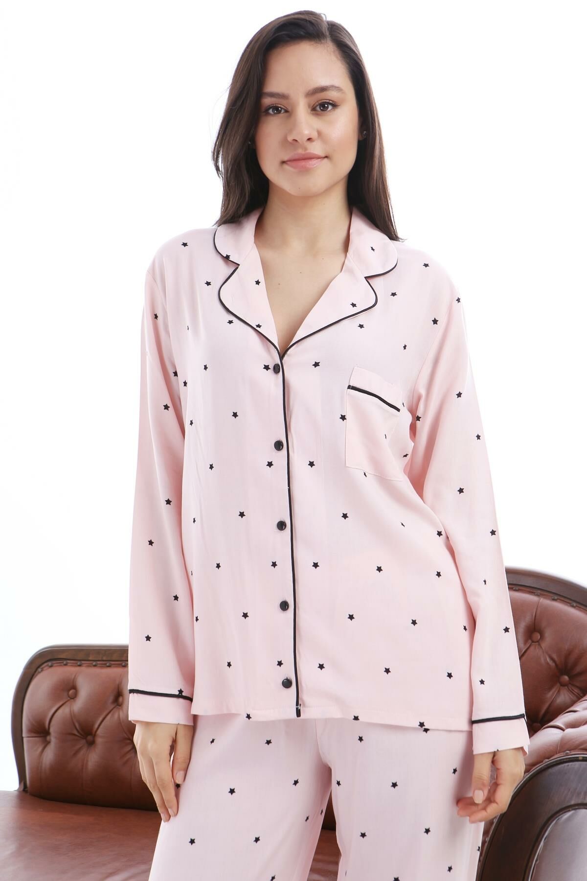 1353-03 Likapa Yıldız Kadın Uzun Kol Pijama Takım Pembe Yıldız - 2XL