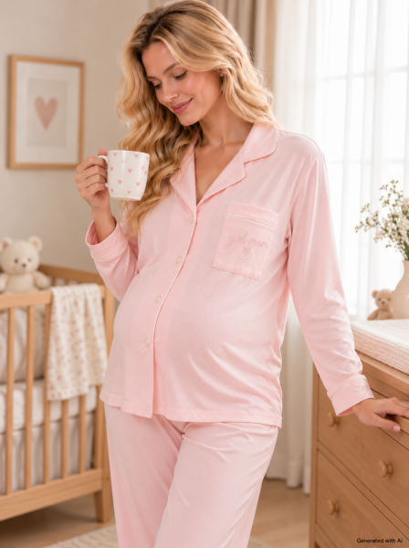 LikapaShop İnterlok Düğmeli İşlemeli Hamile Lohusa Uzun Kol Pijama Takımı L - pembe girl mom