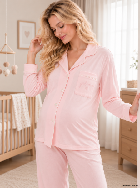 LikapaShop İnterlok Düğmeli İşlemeli Hamile Lohusa Uzun Kol Pijama Takımı L - pembe girl mom