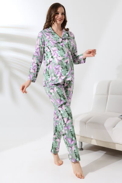 Likapa Penye Önden Düğmeli Hamile Lohusa UZUN KOL PİJAMA TAKIMI YEŞİL ÇİÇEK - M