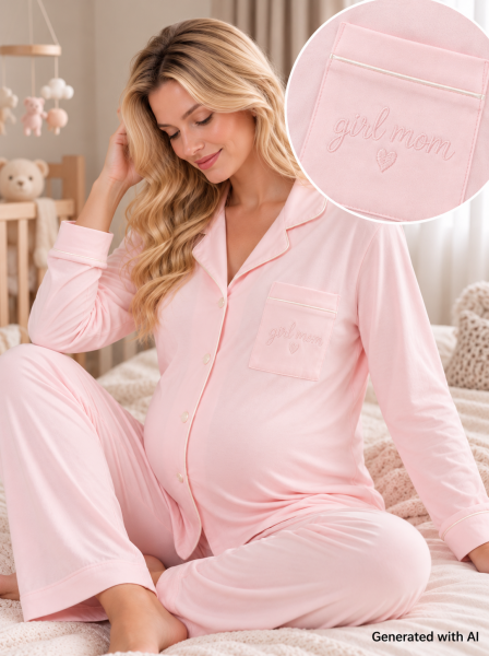 LikapaShop İnterlok Düğmeli İşlemeli Hamile Lohusa Uzun Kol Pijama Takımı XL - pembe girl mom