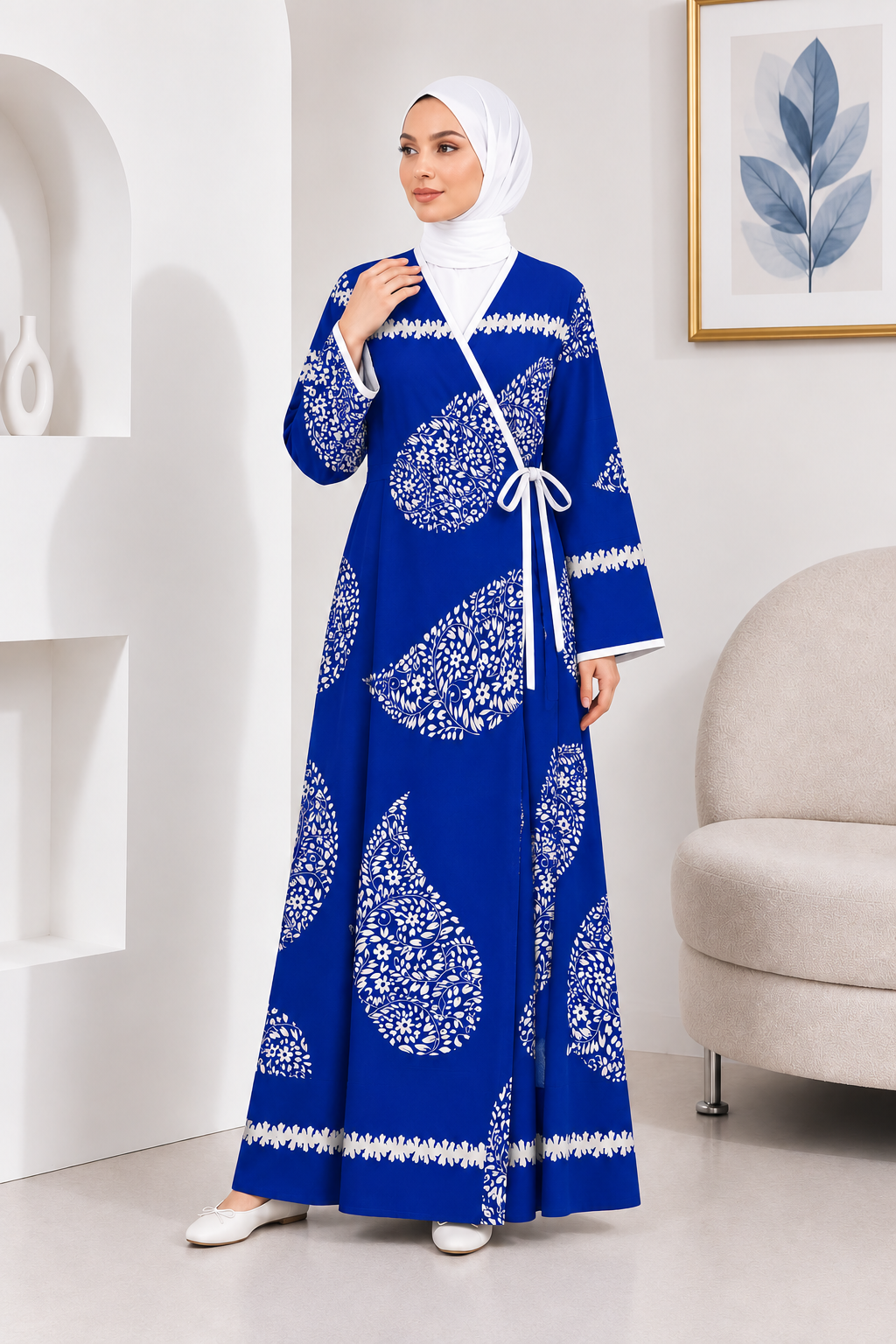 2001-01 Likapa Viskon Namaz Elbisesi 1 - Mavi Beyaz Yaprak Desen