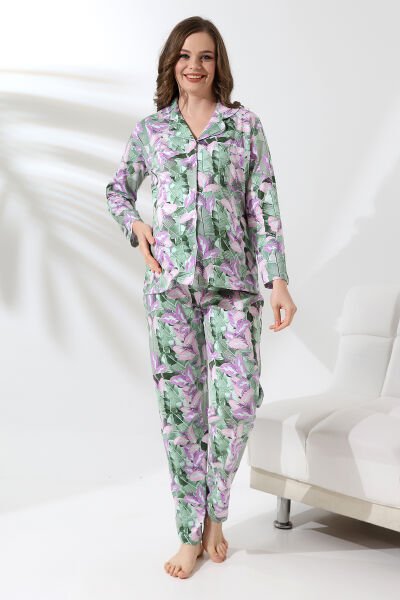 Likapa Penye Önden Düğmeli Hamile Lohusa UZUN KOL PİJAMA TAKIMI YEŞİL ÇİÇEK - XL