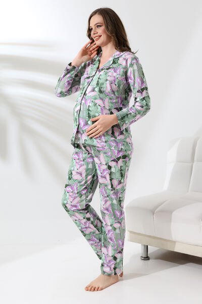 Likapa Penye Önden Düğmeli Hamile Lohusa UZUN KOL PİJAMA TAKIMI YEŞİL ÇİÇEK - XL