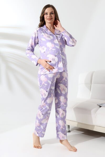 Likapa Penye Önden Düğmeli Hamile Lohusa UZUN KOL PİJAMA TAKIMI Lila - Mor Yaprak Desen - M