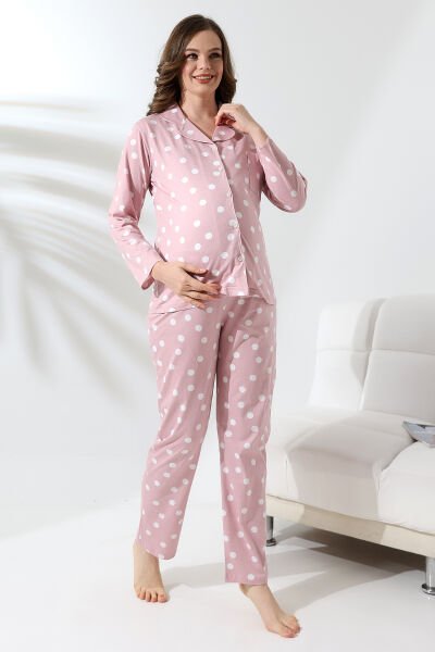 Likapa Penye Önden Düğmeli Hamile Lohusa UZUN KOL PİJAMA TAKIMI Puanlı - M