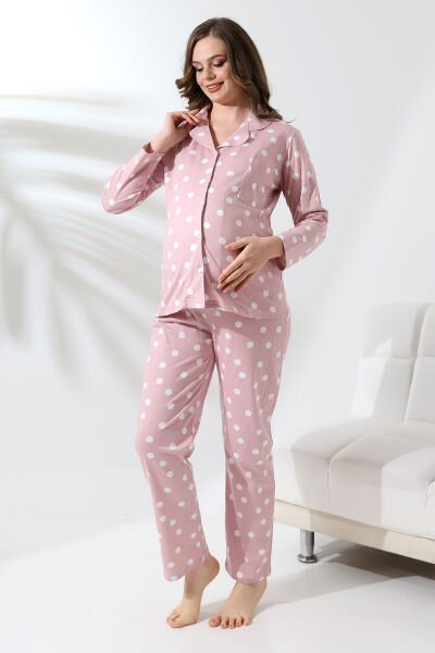 Likapa Penye Önden Düğmeli Hamile Lohusa UZUN KOL PİJAMA TAKIMI Puanlı - L