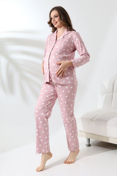Likapa Penye Önden Düğmeli Hamile Lohusa UZUN KOL PİJAMA TAKIMI Puanlı - XL