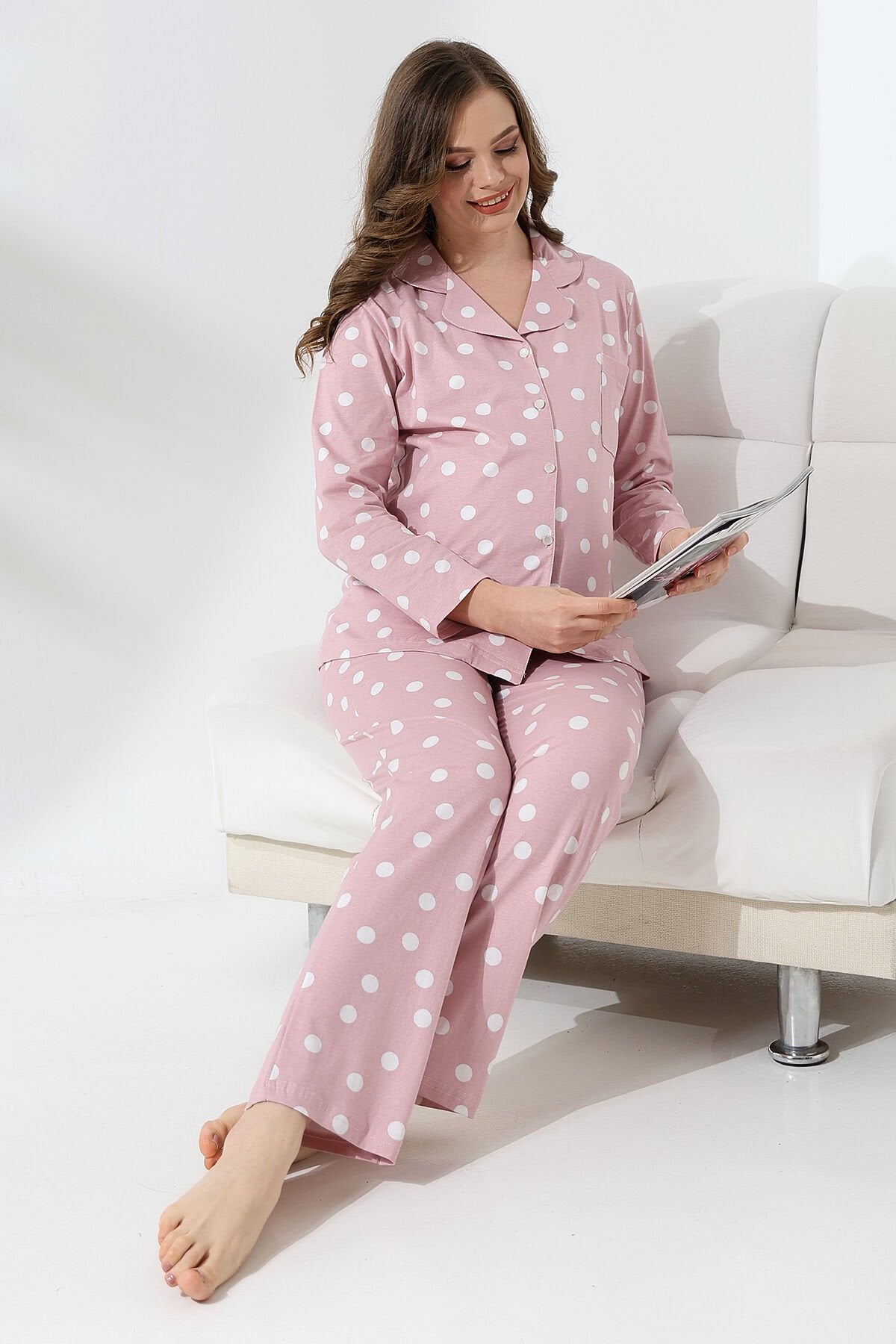 Likapa Penye Önden Düğmeli Hamile Lohusa UZUN KOL PİJAMA TAKIMI Puanlı - 2XL