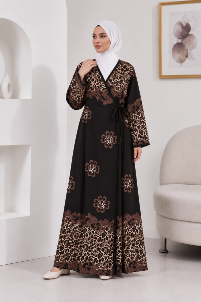 2001-01 Likapa Viskon Namaz Elbisesi 1 - Siyah Kahve Leopar Desen