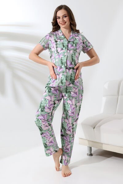 Likapa Penye Önden Düğmeli Hamile Lohusa KISA KOL PİJAMA TAKIMI ,%100 Cotton YEŞİL ÇİÇEK - XL