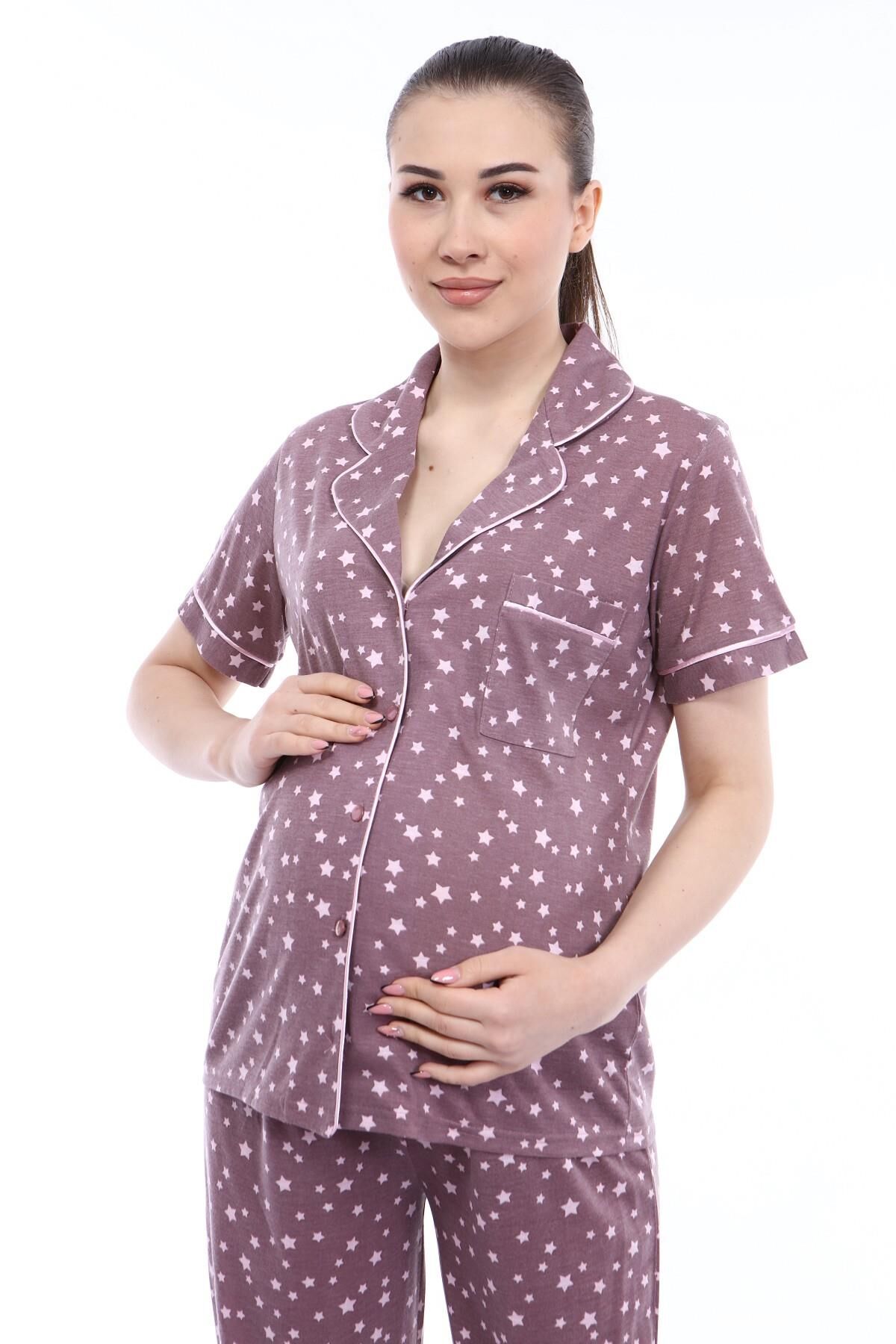 Likapa Penye Önden Düğmeli Hamile Lohusa KISA KOL PİJAMA TAKIMI ,%100 Cotton S - Kahve Yıldız