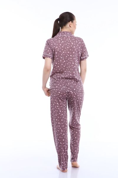 Likapa Penye Önden Düğmeli Hamile Lohusa KISA KOL PİJAMA TAKIMI ,%100 Cotton S - Kahve Yıldız