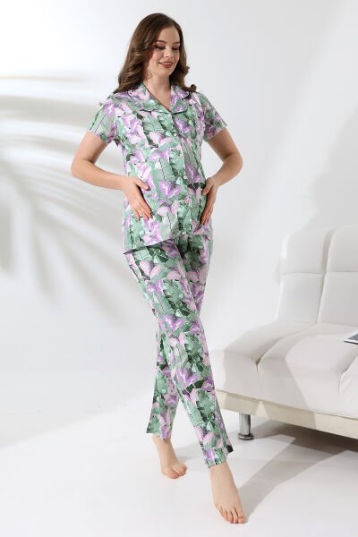 Likapa Penye Önden Düğmeli Hamile Lohusa KISA KOL PİJAMA TAKIMI ,%100 Cotton YEŞİL ÇİÇEK - 2XL