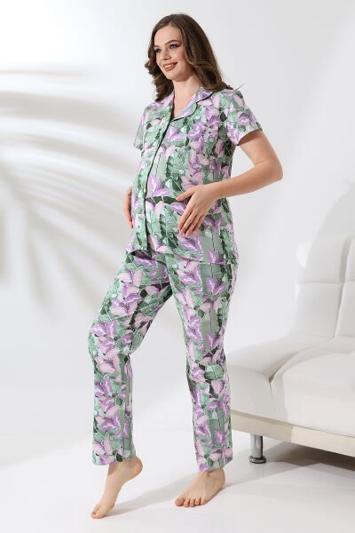 Likapa Penye Önden Düğmeli Hamile Lohusa KISA KOL PİJAMA TAKIMI ,%100 Cotton YEŞİL ÇİÇEK - 2XL
