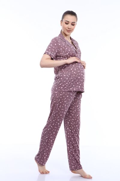 Likapa Penye Önden Düğmeli Hamile Lohusa KISA KOL PİJAMA TAKIMI ,%100 Cotton M - Kahve Yıldız