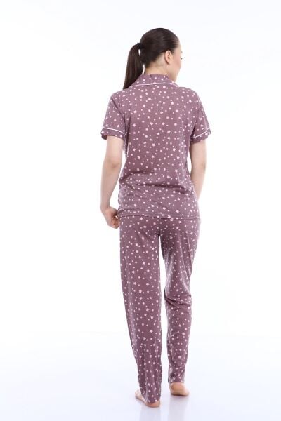 Likapa Penye Önden Düğmeli Hamile Lohusa KISA KOL PİJAMA TAKIMI ,%100 Cotton M - Kahve Yıldız