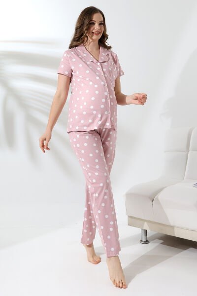 Likapa Penye Önden Düğmeli Hamile Lohusa KISA KOL PİJAMA TAKIMI ,%100 Cotton Puanlı - M