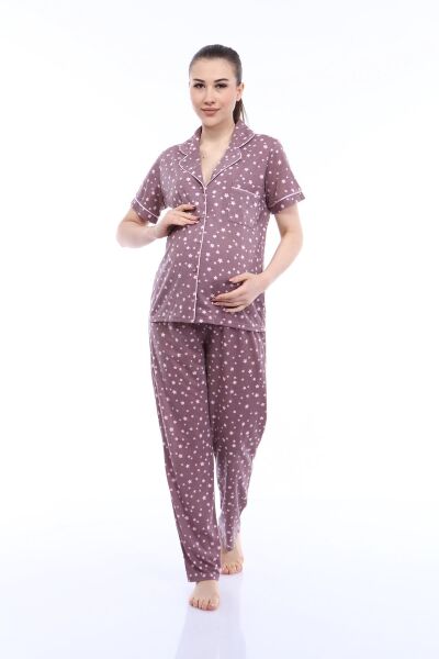 Likapa Penye Önden Düğmeli Hamile Lohusa KISA KOL PİJAMA TAKIMI ,%100 Cotton L - Kahve Yıldız