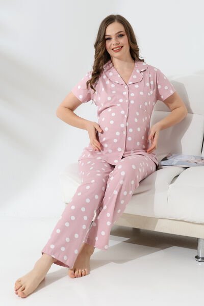 Likapa Penye Önden Düğmeli Hamile Lohusa KISA KOL PİJAMA TAKIMI ,%100 Cotton Puanlı - XL