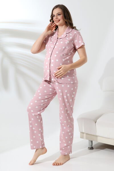 Likapa Penye Önden Düğmeli Hamile Lohusa KISA KOL PİJAMA TAKIMI ,%100 Cotton Puanlı - XL