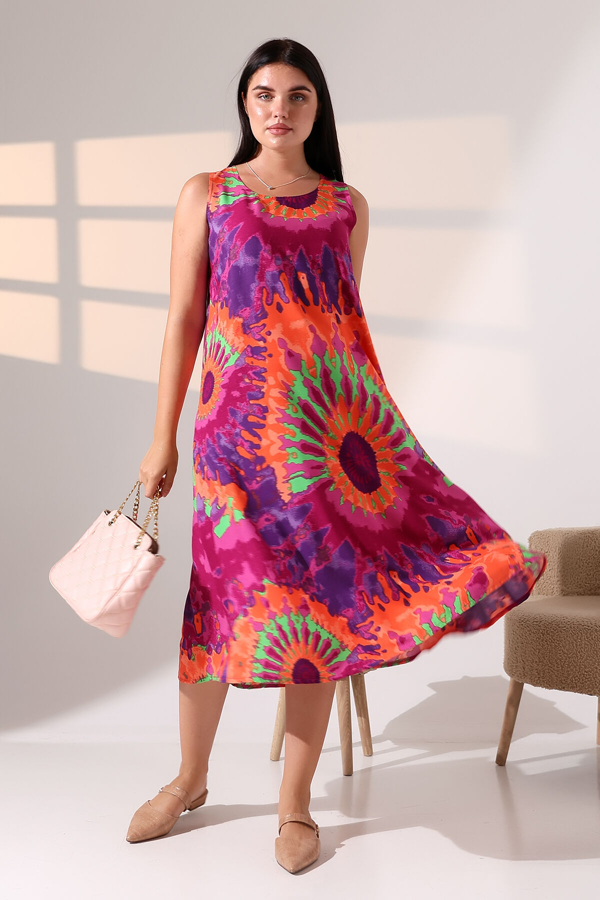 Likapa Yazlık Askılı Viskon Elbise 2691 XL - fuşya turuncu batik