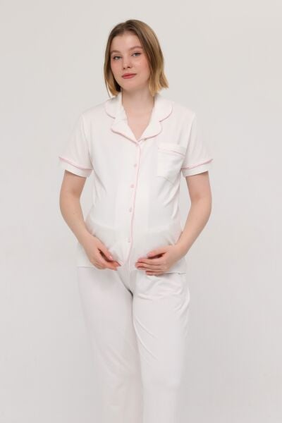 Likapa Önden Düğmeli Hamile Lohusa KISA KOL PİJAMA TAKIMI Mavi - M