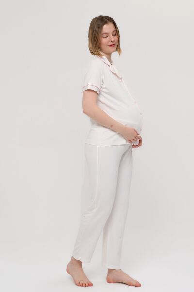 Likapa Önden Düğmeli Hamile Lohusa KISA KOL PİJAMA TAKIMI Gülkurusu Biyeli - XL