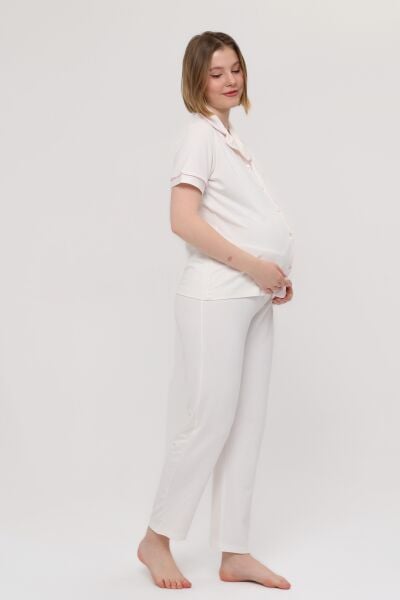 Likapa Önden Düğmeli Hamile Lohusa KISA KOL PİJAMA TAKIMI MAVİ ÇİÇEK - 2XL