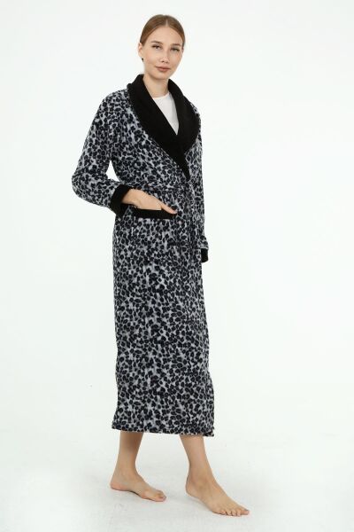 Likapa Uzun Şal Yaka Polar Sabahlık 226 Gri Leopar - M