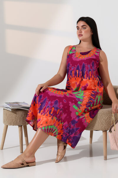 Likapa Yazlık Askılı Viskon Elbise 2691 3XL - fuşya turuncu batik