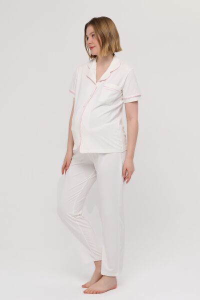 Likapa Önden Düğmeli Hamile Lohusa KISA KOL PİJAMA TAKIMI EKRU - PEMBE - M