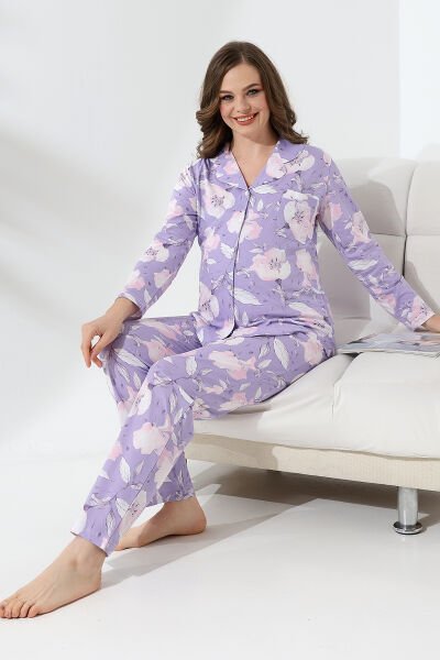 Likapa Penye Önden Düğmeli Hamile Lohusa KISA KOL PİJAMA TAKIMI ,%100 Cotton Lila - Mor Yaprak Desen - L
