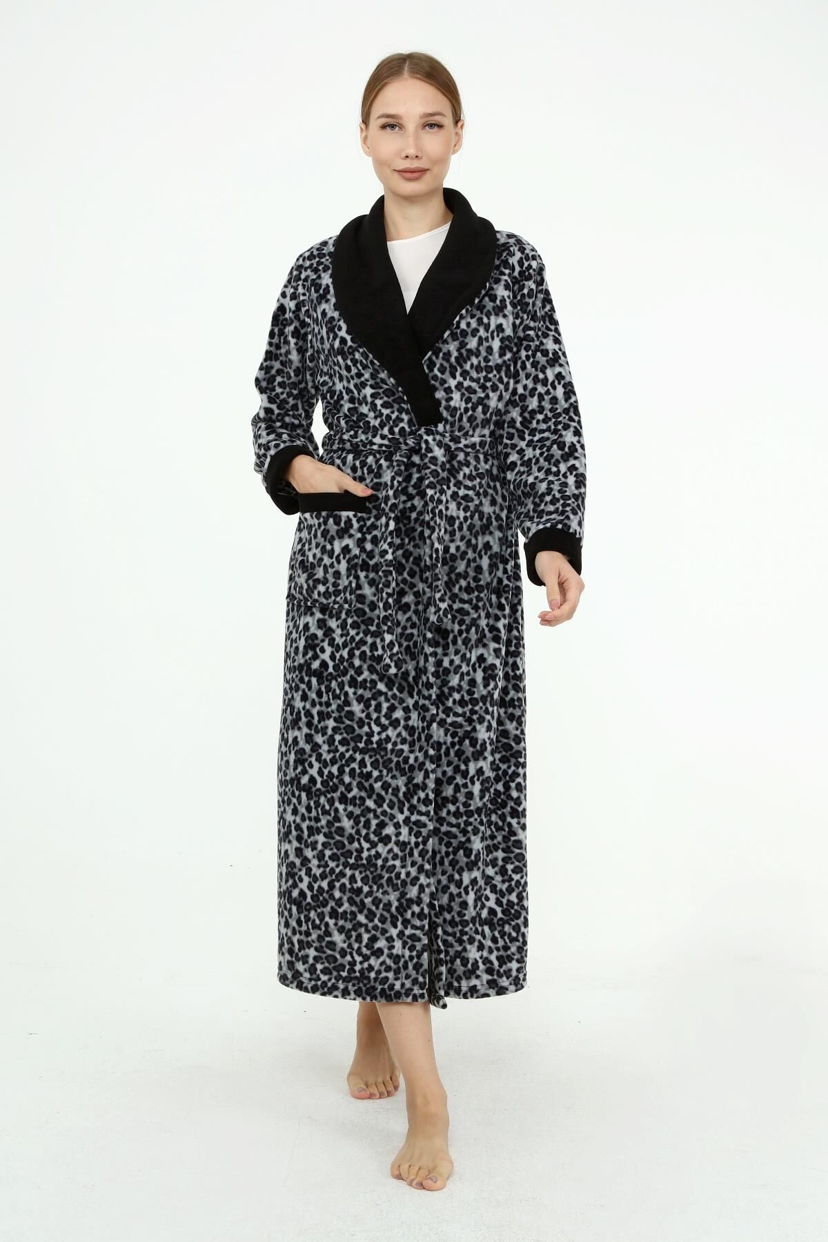 Likapa Uzun Şal Yaka Polar Sabahlık 226 Gri Leopar - XL