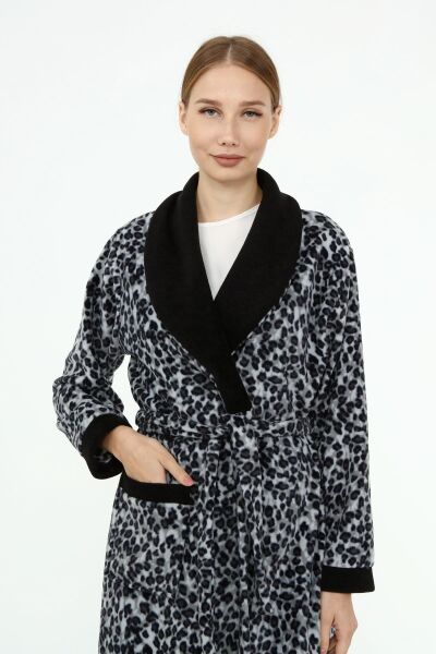 Likapa Uzun Şal Yaka Polar Sabahlık 226 Gri Leopar - XL